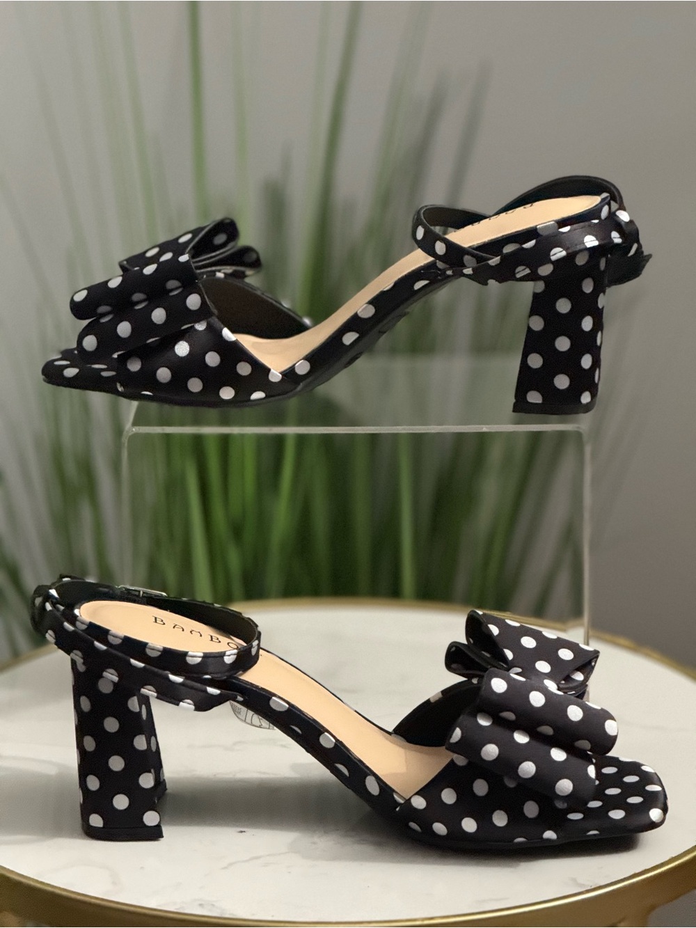 NIB Polka Dot Bow Block Heel Sandals - Black/White